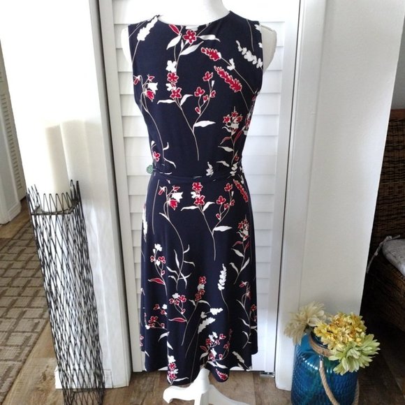 CHARTER Club Petite navy red & white print sleeveless tie belt pullover dress S - Picture 2 of 6